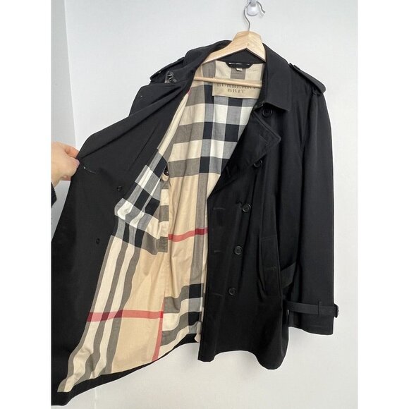 Burberry Brit Men’s Black Double Breasted Plaid Lined  Belt Trench Coat Jacket - Picture 5 of 15